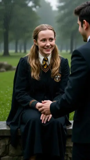 AI Video: She sits down, head tilting toward him as rain streams down her face. She...