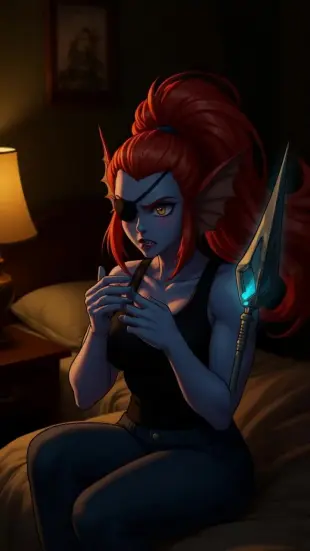 AI Video: Undyne’s eyes widen sharply, a deep blue flush spreads across her cheeks. She...