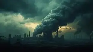 AI Video: Cloud is moving in left direction, polluted gas releasing from factory flow...