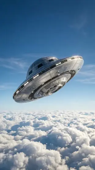 AI Video: Flying saucer tech flying above the clouds realistic 4k 8k cinematic