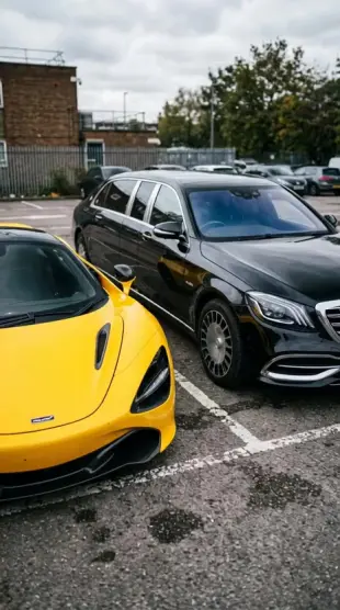 AI Video: Yellow McLaren 720s and black Maybach limo video shot on old handheld video...