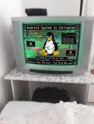 AI Video: tv corruption with the android system is corrupted thing and linux penguin at...