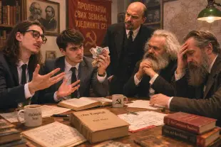 AI Video: neka osoba sa lijeve strane slike govori karl marxu kako ništa ne radi i nek...