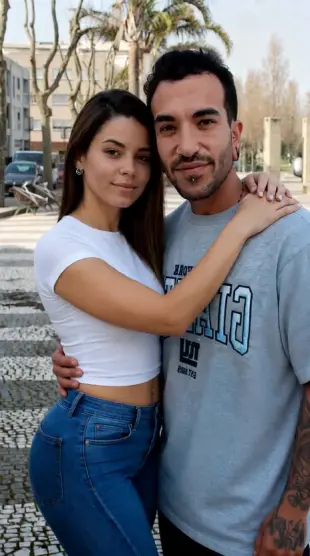 AI Video: The girl kisses the man on the cheek and then gets on her knees in front of...
