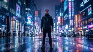 AI Video: Black Man in futuristic city with Sophie rain