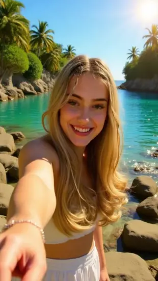 AI Video: She smiles slowly, eyes brightening with a spark. She grabs your hand firmly,...