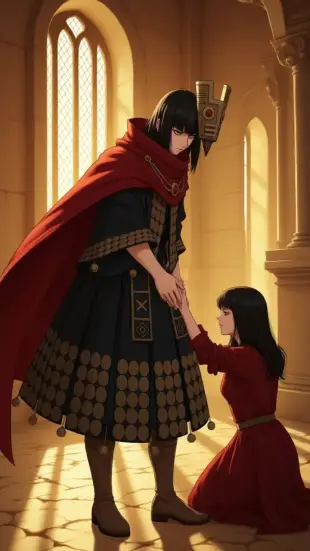 AI Video: He steps forward deliberately, crimson cape sweeping across the floor. He...