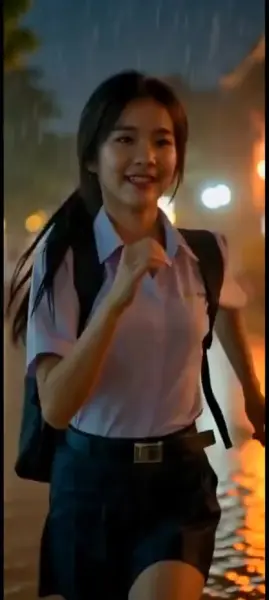 AI Video: Korean schoolgirl keeps running in pouring rain leaning forward
