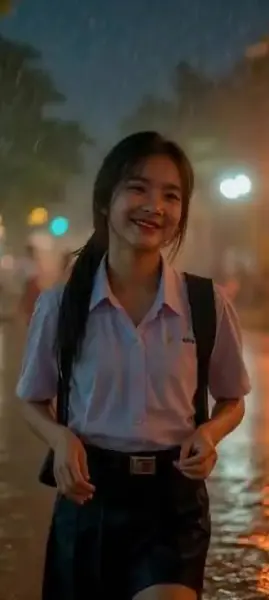 AI Video: Korean Schoolgirl runs towards you in pouring rain