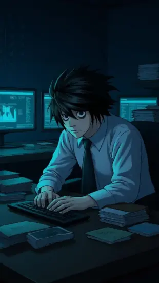 AI Video: He rubs his temples, then leans forward. His eyes narrow, scanning intensely...
