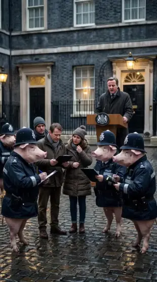 AI Video: Pigs dressed in police uniform ,searching for native Brits , prime minister...
