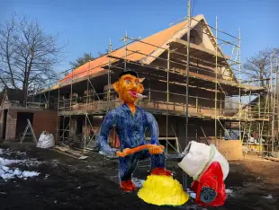 AI Video: Let the construction worker shuffle the concrete into the turning concrete...