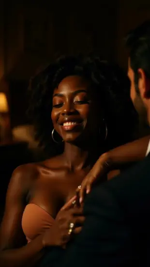 AI Video: She tilts her head back, eyes lidded, chest rising with a shaky sigh. Her...