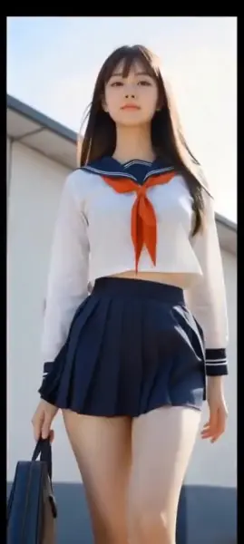 AI Video: Japanese girl runs towards you on windy day with skirt being blown