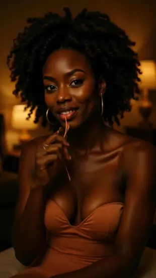 AI Video: She shakes her head slowly, lips curling into a teasing smirk. Fingers...