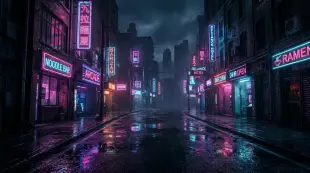 AI Video: Neon‑noir rainy city at night, pink/blue/purple neon lights, fast rhythmic...