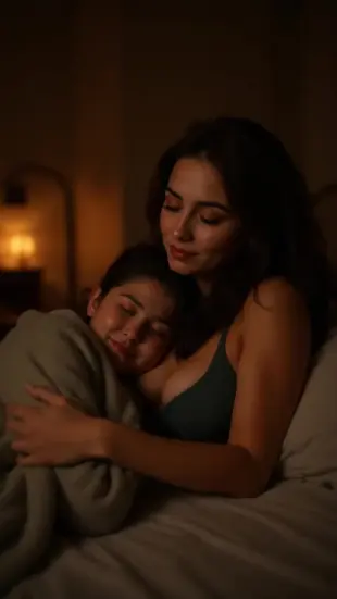 AI Video: She exhales a long, slow breath, shoulders dropping as she nestles her head...