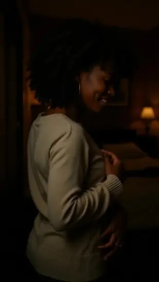 AI Video: He releases hair slowly, fingers dragging down the spine. His hand rests on...