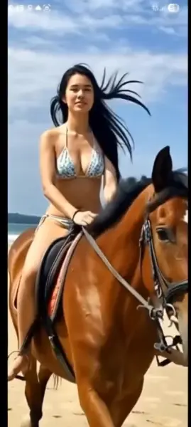 AI Video: The horse is at a full gallop now and asian girl  is bouncy