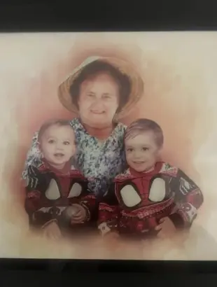 AI Video: The old lady begins gently bouncing the boys on her leg as the laugh and look...