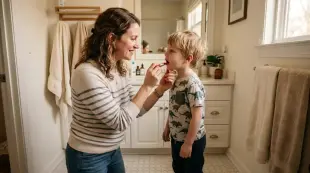 AI Video: create a video of a mother precisely applying red lipstick on her sons lips