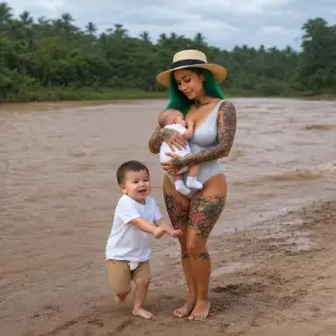 AI Video: Remove man and dog. Have woman and baby continue doing what they are doing.
