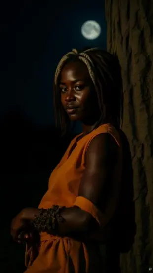 AI Video: She leans back, chest heaving in ragged rhythm. Her head rolls slowly, locs...