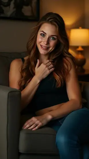 AI Video: She lets out a soft, lazy laugh, head tilting to rest against his chest. Her...
