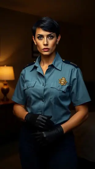 AI Video: She runs a gloved hand down her sleeve, smoothing the leather. She tilts her...