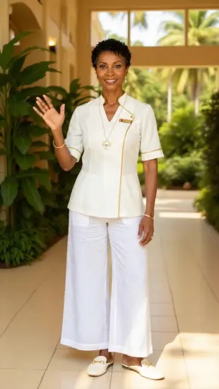 AI Video: She approaches with a fluid, rhythmic sway, eyes crinkling warmly. She tilts...
