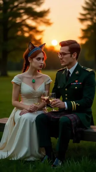 AI Video: Lila in elegant gown with emerald pendant, Arnie in Highland Army Officer's...