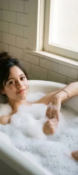 AI Video: Jenna Ortega stands up and starts washing