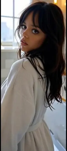 AI Video: Jenna Ortega slips dressing gown off shoulder and slowly turns back towards you