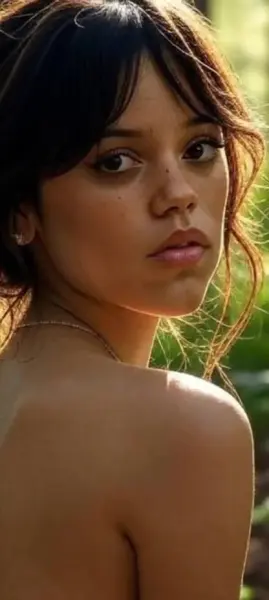 AI Video: Jenna Otega looks at you and slowly walks towards the woods