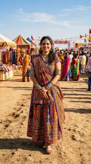 AI Video: Graceful woman wearing colorful Kutch mirrorwork attire, intricate embroidery...