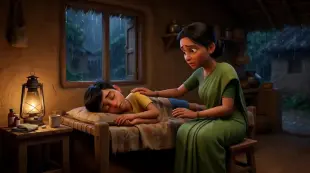 AI Video: Camera slowly pushes toward Sonu lying on bed. Rain falling outside window....