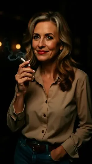 AI Video: bedroom eyes, slow head tilt, loving gaze, heart eyes, smoking cigarette,...