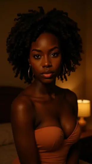AI Video: She leans forward slightly, lowering her head. Her gaze softens, locking onto...