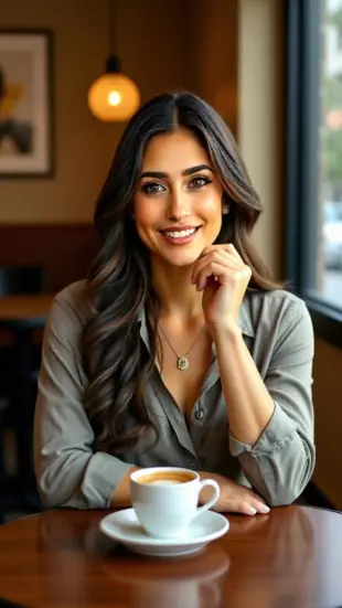 AI Video: She leans forward smoothly, hair cascading over one shoulder. She winks...