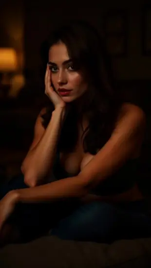 AI Video: She lowers her head shyly, then moves forward slowly. She gently takes his...