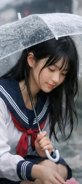 AI Video: The beautiful Japanese schoolgirl looking up with flower smiles at you