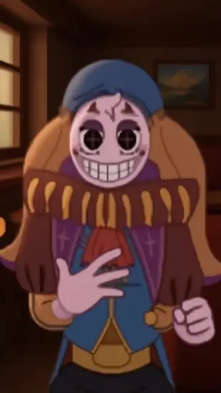 AI Video: He chuckles softly, pointing a finger forward. He leans in slowly, eyes...