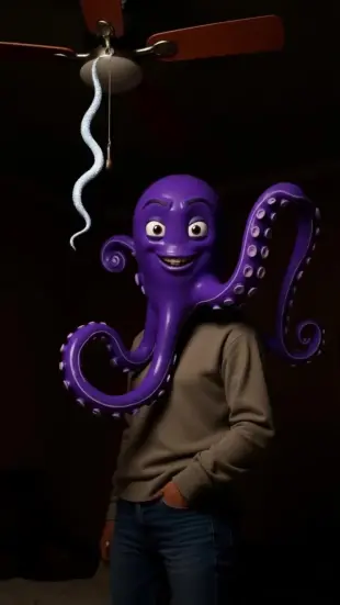 AI Video: One long, glittering tentacle unfurls and sways lazily. Stretch tilts head...