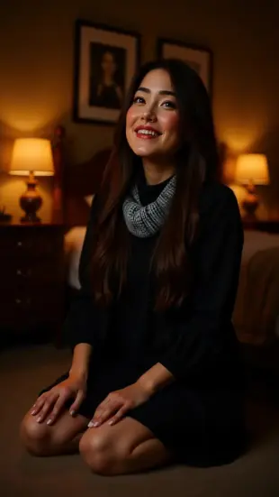 AI Video: She releases a soft, melodic laugh, head tilting playfully. She kneels, eyes...