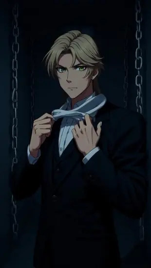 AI Video: He pauses, fingers tightening rhythmically around the silver collar. He tilts...