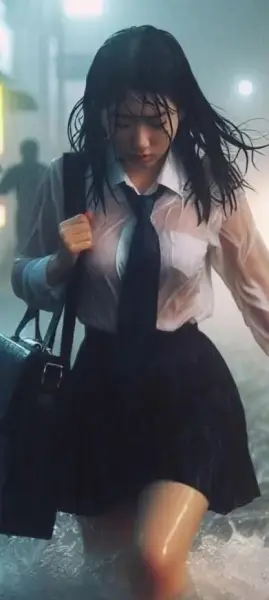 AI Video: Japanese schoolgirl walking home at night in pouring rain