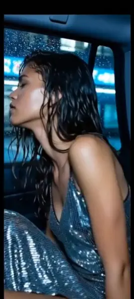AI Video: Zendaya gets out of car and runs towards the shop with the rain falling on her