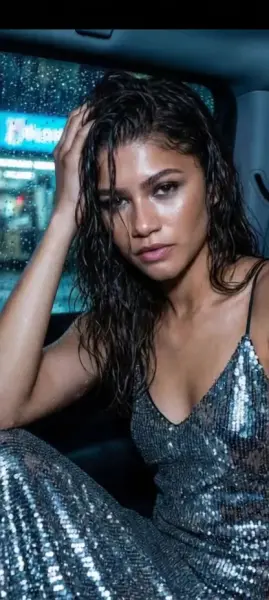 AI Video: Zendaya sitting in car looks out at pouring rain, remembering she forgot her...