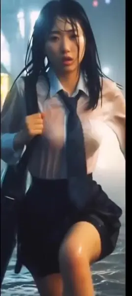 AI Video: The girl is enjoying the rain removing her tie and loosening her shirt as she...