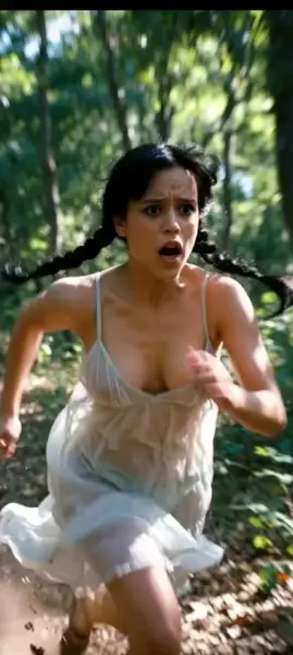 AI Video: Jenna Ortega is being chased through the woods by an invisible man